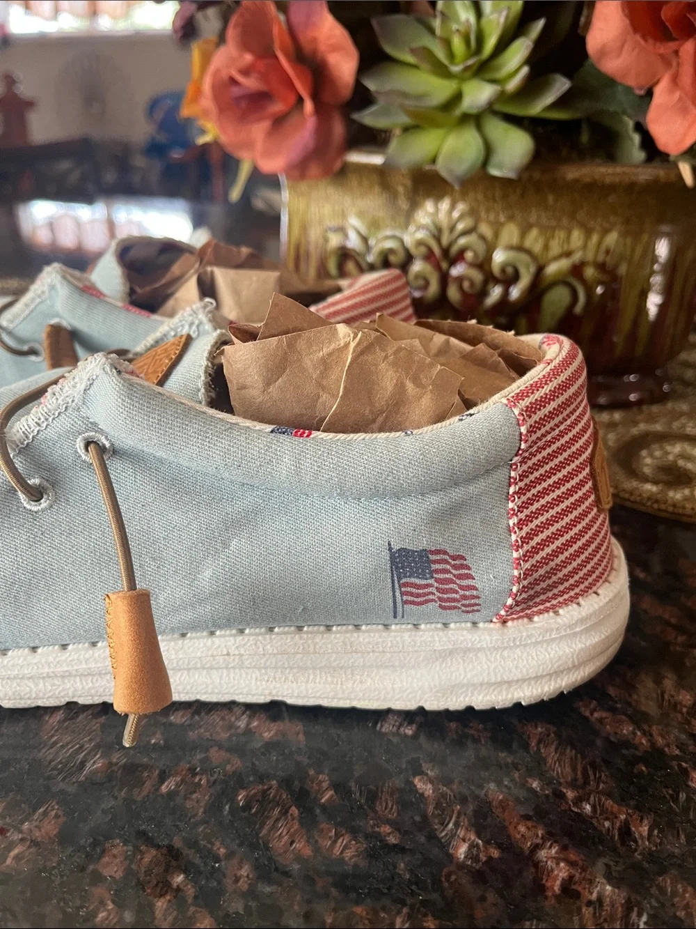 Hey Dude Men's Wally Americana Denim Stripe Loafers Size 12